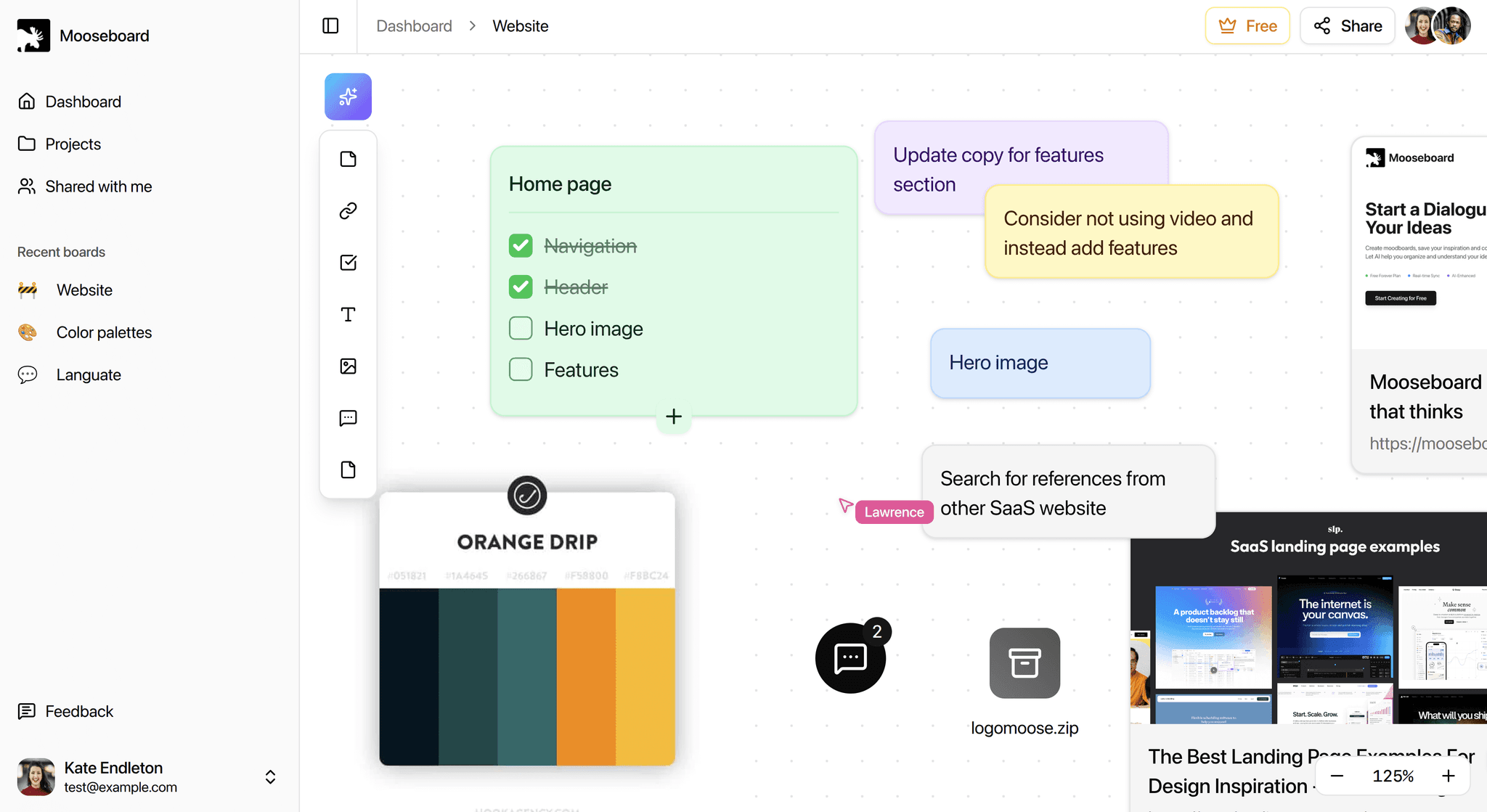 Mooseboard interface showing a visual moodboard with real-time chat collaboration